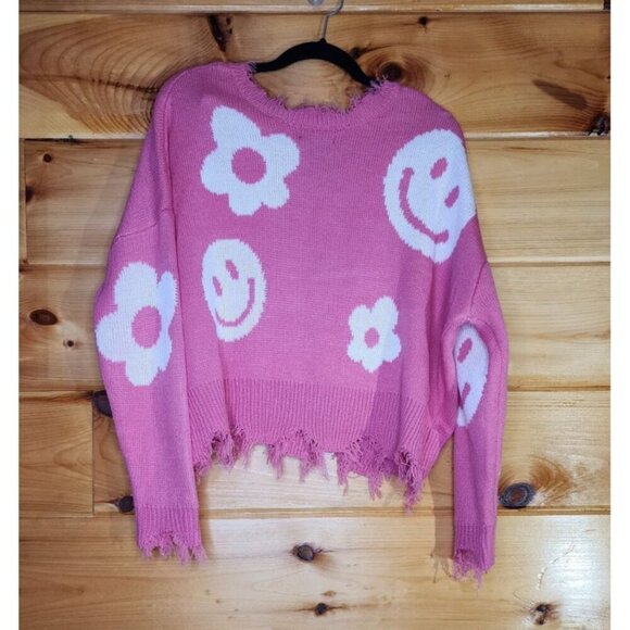 Just Polly Pink Daisy,Smiles Knit Sweater Cropped Raw Distressed Hem Oversized - Picture 9 of 9